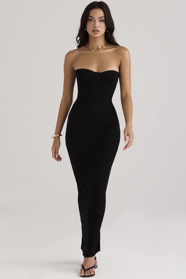 'Lucia' Black Strapless Corset Maxi Dress